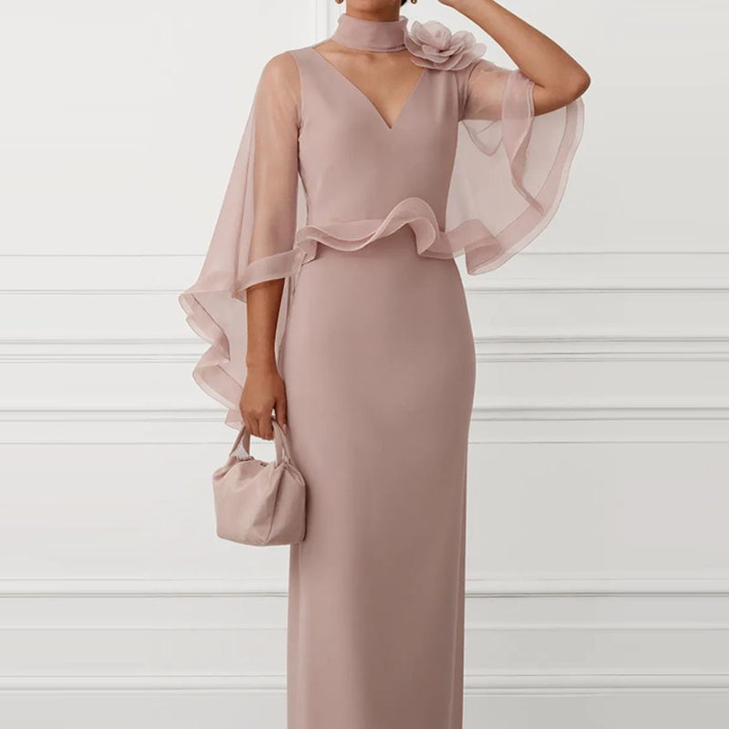 Robe longue sirène élégante pour femme, taille haute, coupe ajustée, col châle sexy, col en V, bordure à volants, couleur unie, pour soirée