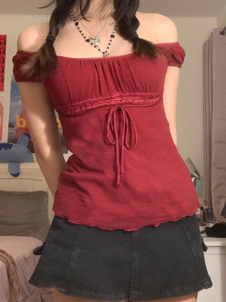 T-shirt en dentelle pour femmes, épaules dénudées, avec cordon de serrage, mode coréenne, fée Grunge, Streetwear, années 2000