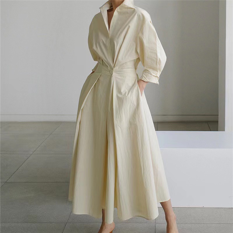 Robe chemise élégante pour femme, col à revers, manches 3/4, ceinture, coupe trapèze, longueur midi, tenue décontractée pour le bureau