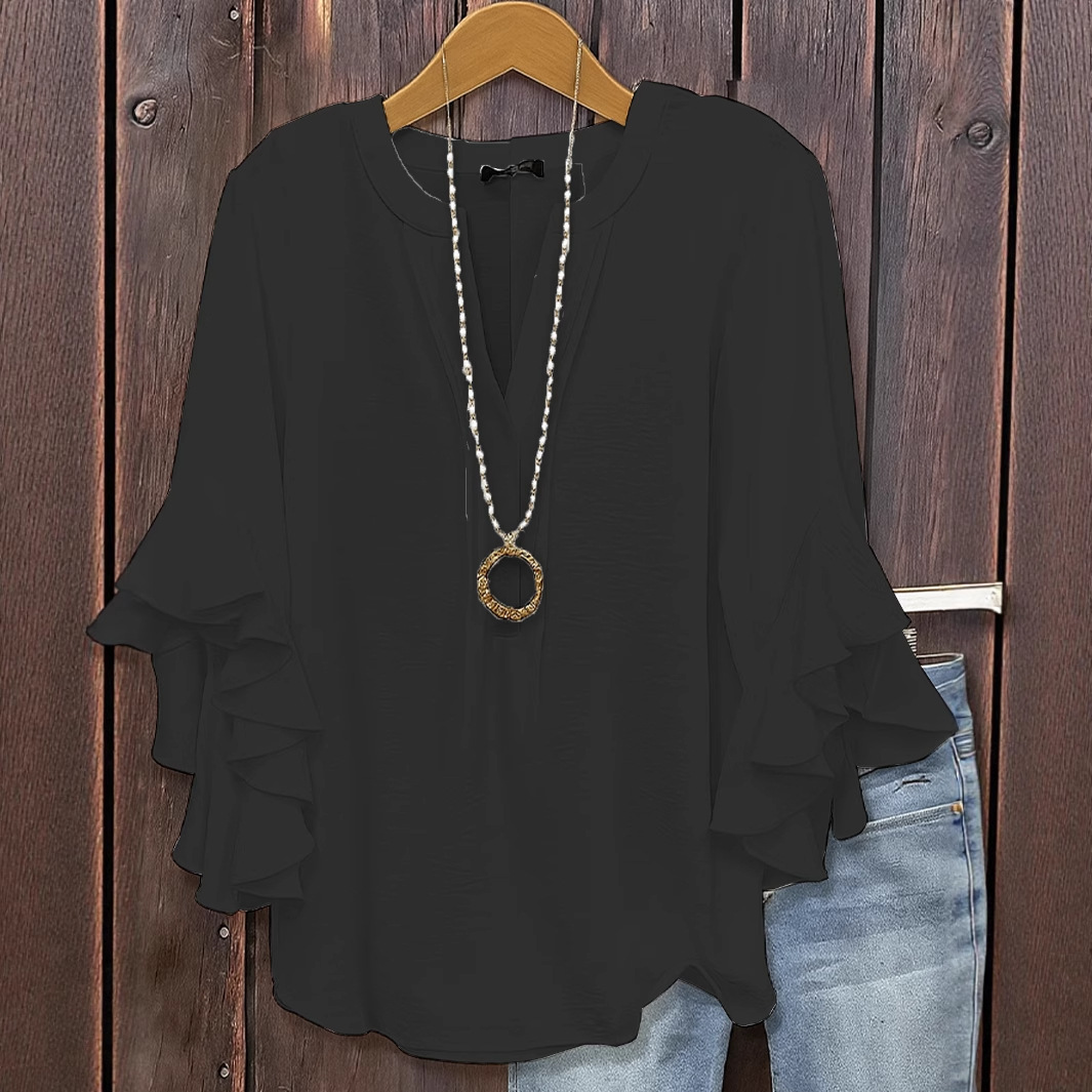 Femmes à volants col en V 3/4 à manches longues Blouse ample chemises mode d'été femme couleur unie affaires vêtements de travail OL haut blouse