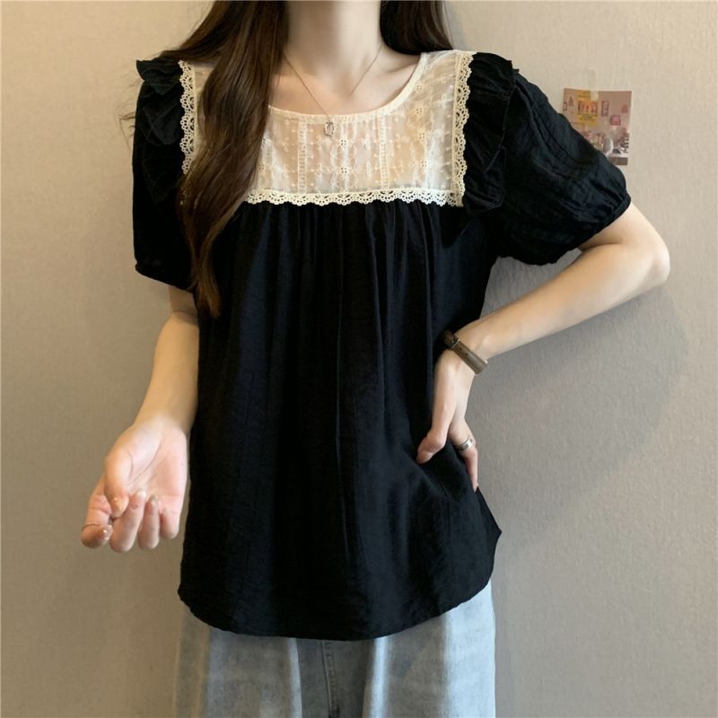 Chemisier décontracté à volants et patchwork, nouvelle collection été, manches courtes contrastantes, grande taille, style coréen, hauts tendance pour femmes