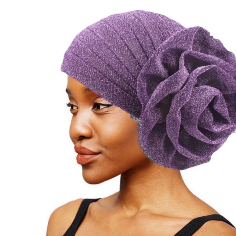 Turban africain en soie naturelle avec grande fleur rose, couvre-chef nigérian pour mariage, Geles respirant et léger, bonnet de fête