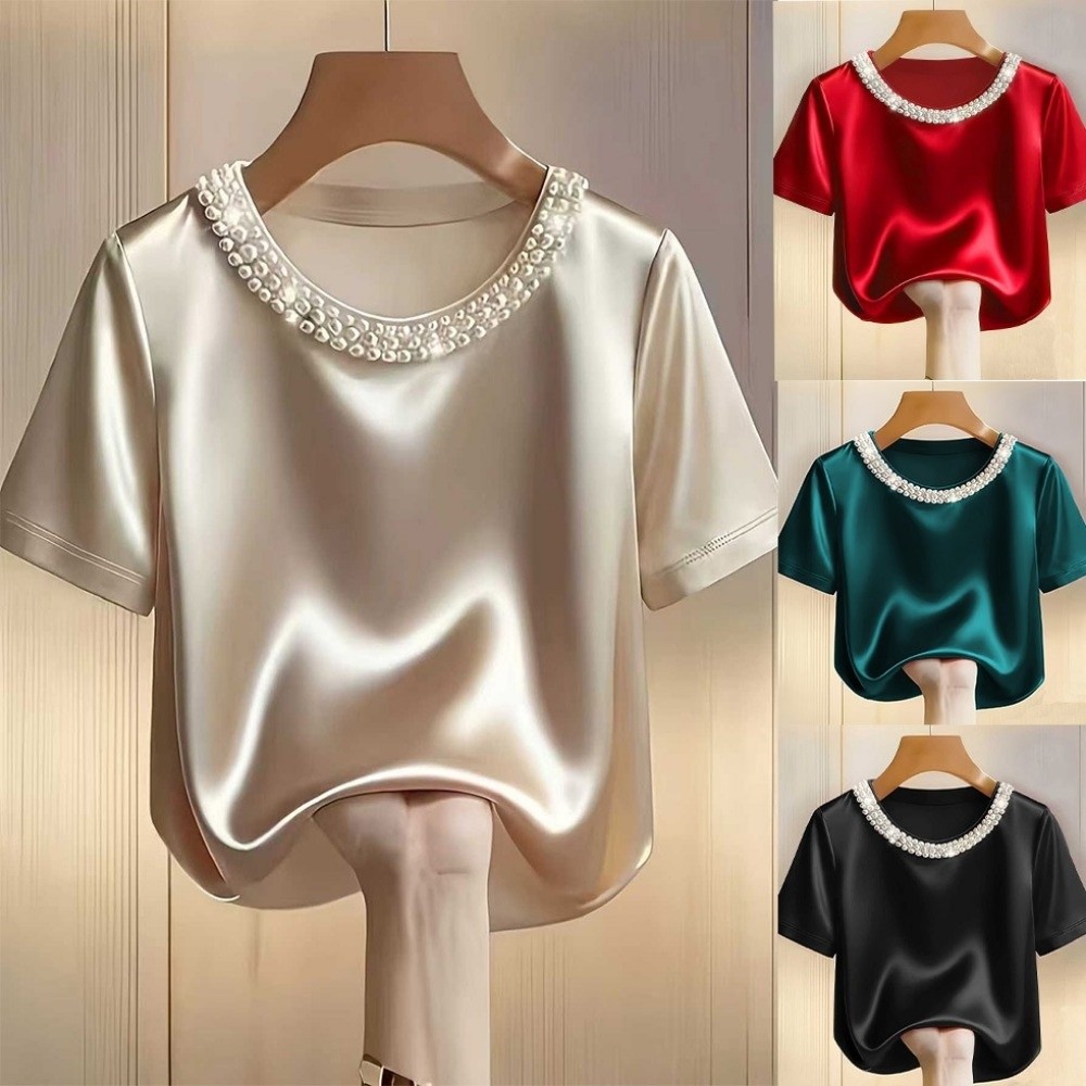 T-shirt en satin de soie ample de luxe léger, élégant, pour femme, style français, à manches courtes, idéal pour le bureau ou l'été