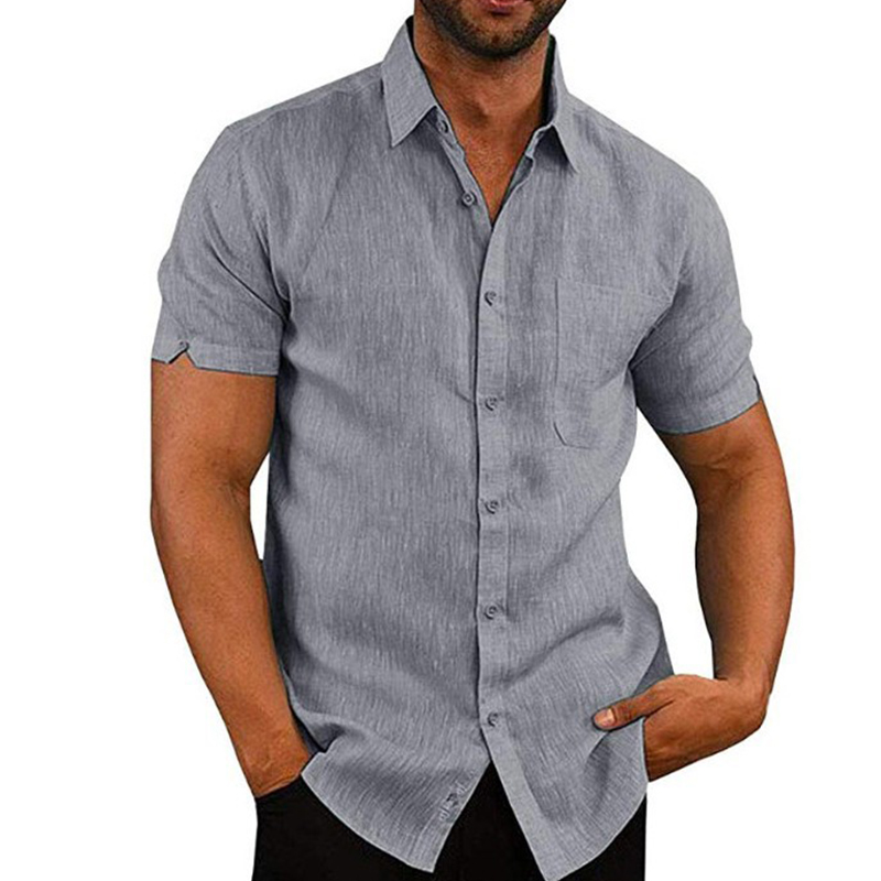 Chemises d'Été en Coton et Lin pour Homme, Chemisiers Décontractés à Manches Courtes, Couleur Unie, Col Rabattu, Vêtements de Plage Formels