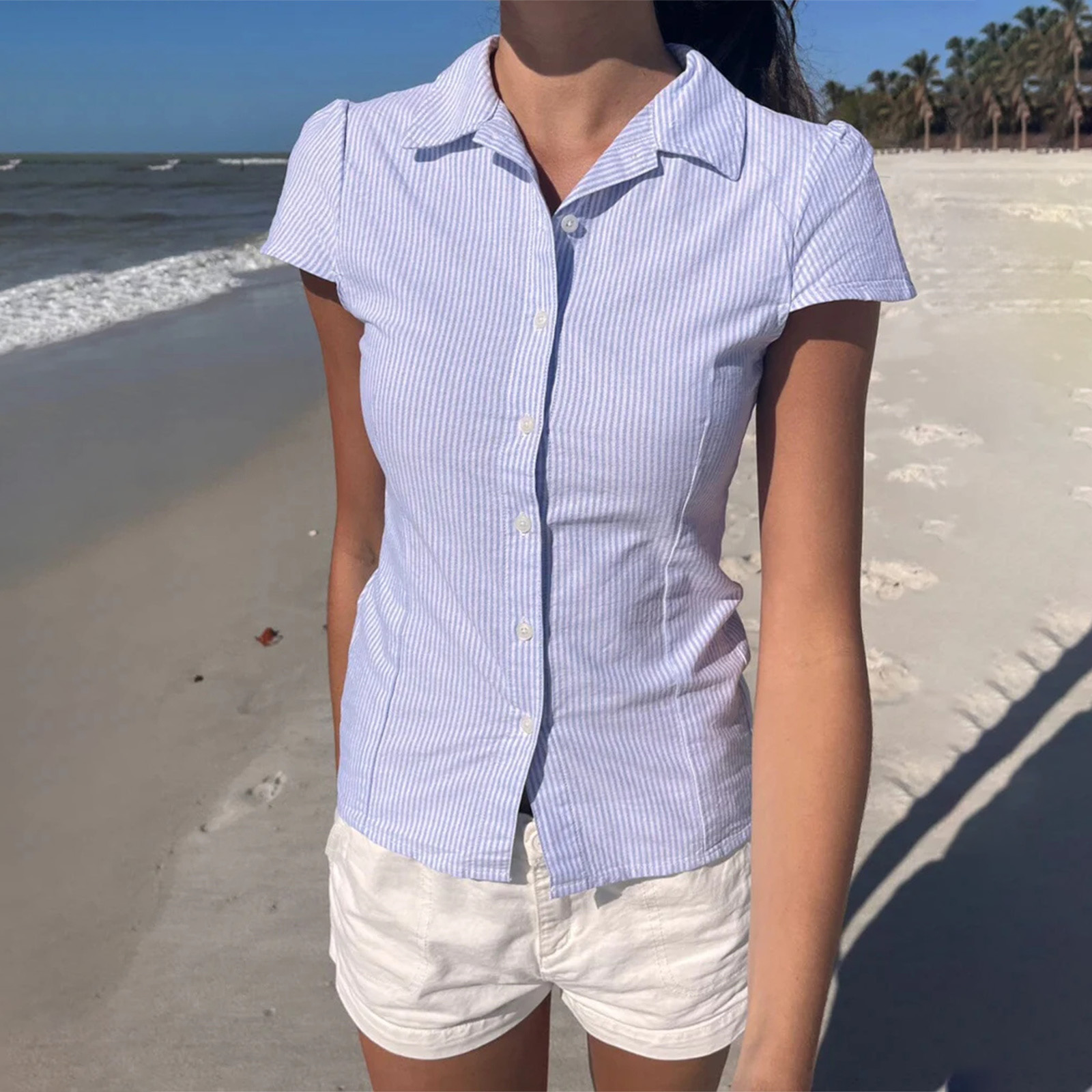 Chemise d'été décontractée pour femmes, coupe cintrée, manches courtes, revers boutonné, couleur unie/imprimé rayé, hauts Vintage