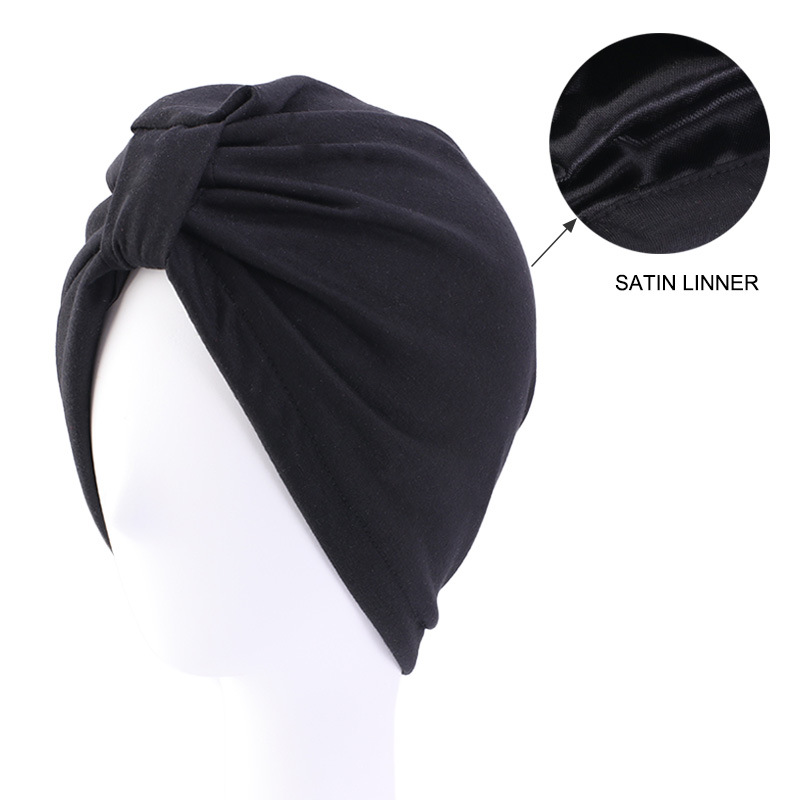 Bonnet turban noué avec doublure en satin pour femme, écharpe de sauna élastique, bonnet pour femme, enveloppes de tête, perte de cheveux, bonnet chimio, document solide