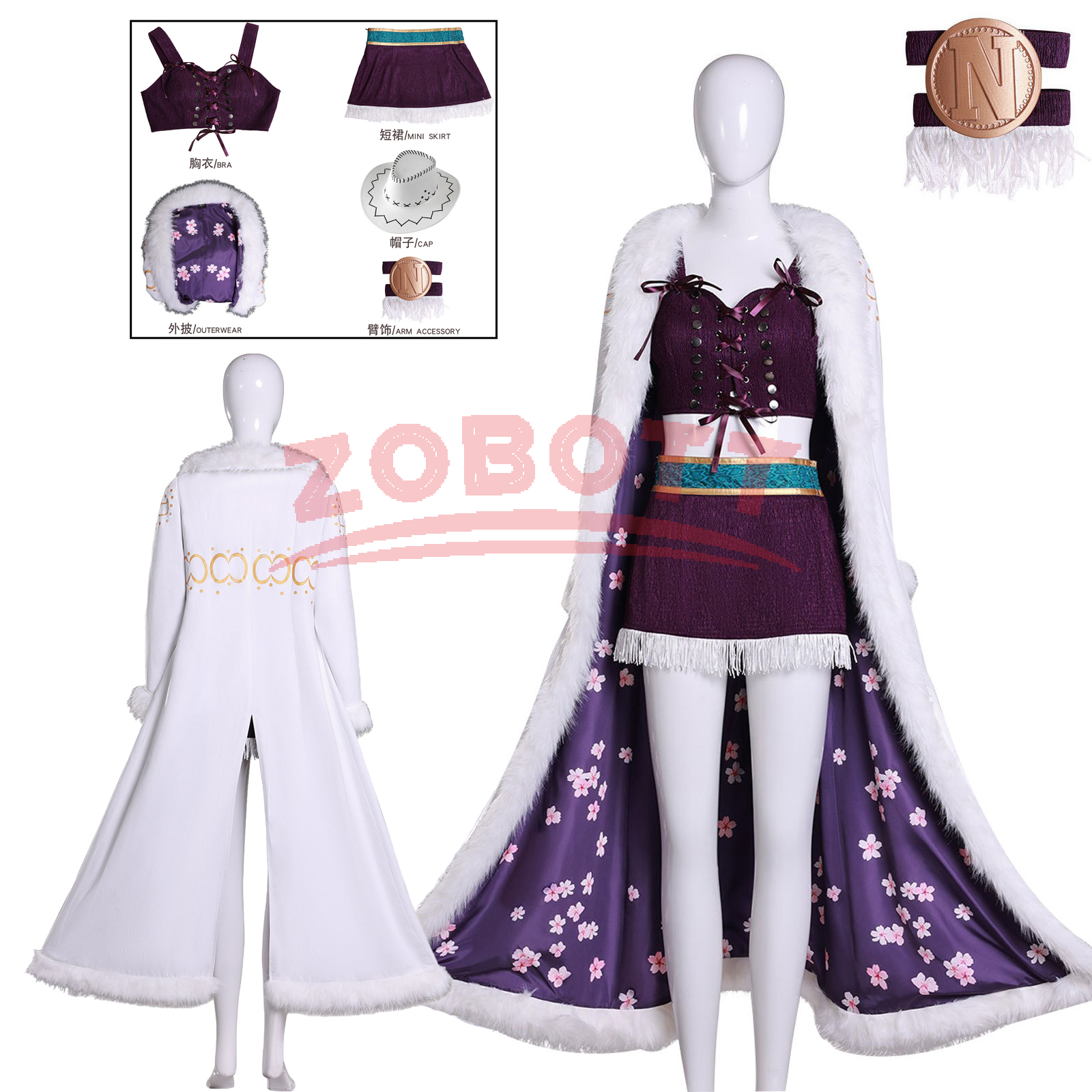 Costume de Cosplay Anime Nico Robin, robe violette, uniforme, col en fourrure longue, cape blanche, tenue Punk pour femmes, costume d'halloween