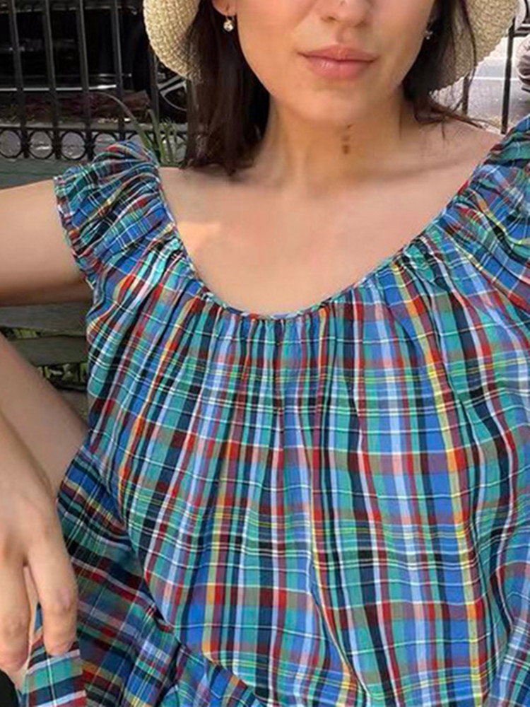 Robe ou haut sans manches à col rond pour femme, style rétro à carreaux Prairie Chic, coupe ample