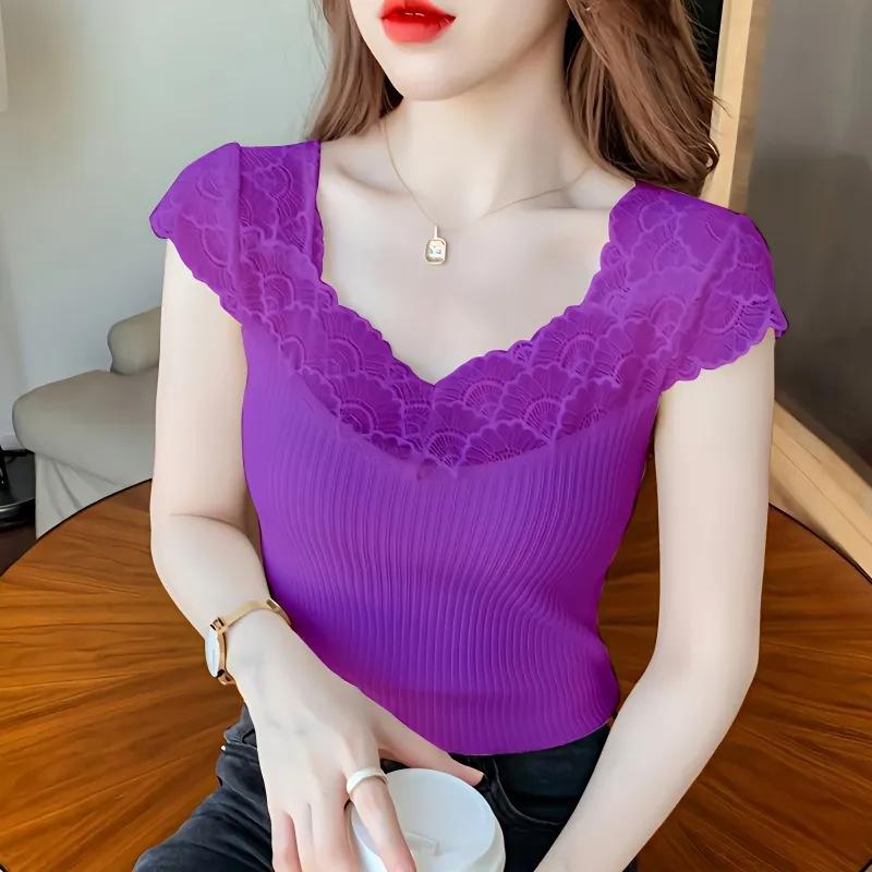 T-shirt à manches courtes en maille épissée pour femme, haut slim et chic, nouveau style, design de tempérament, été 2025