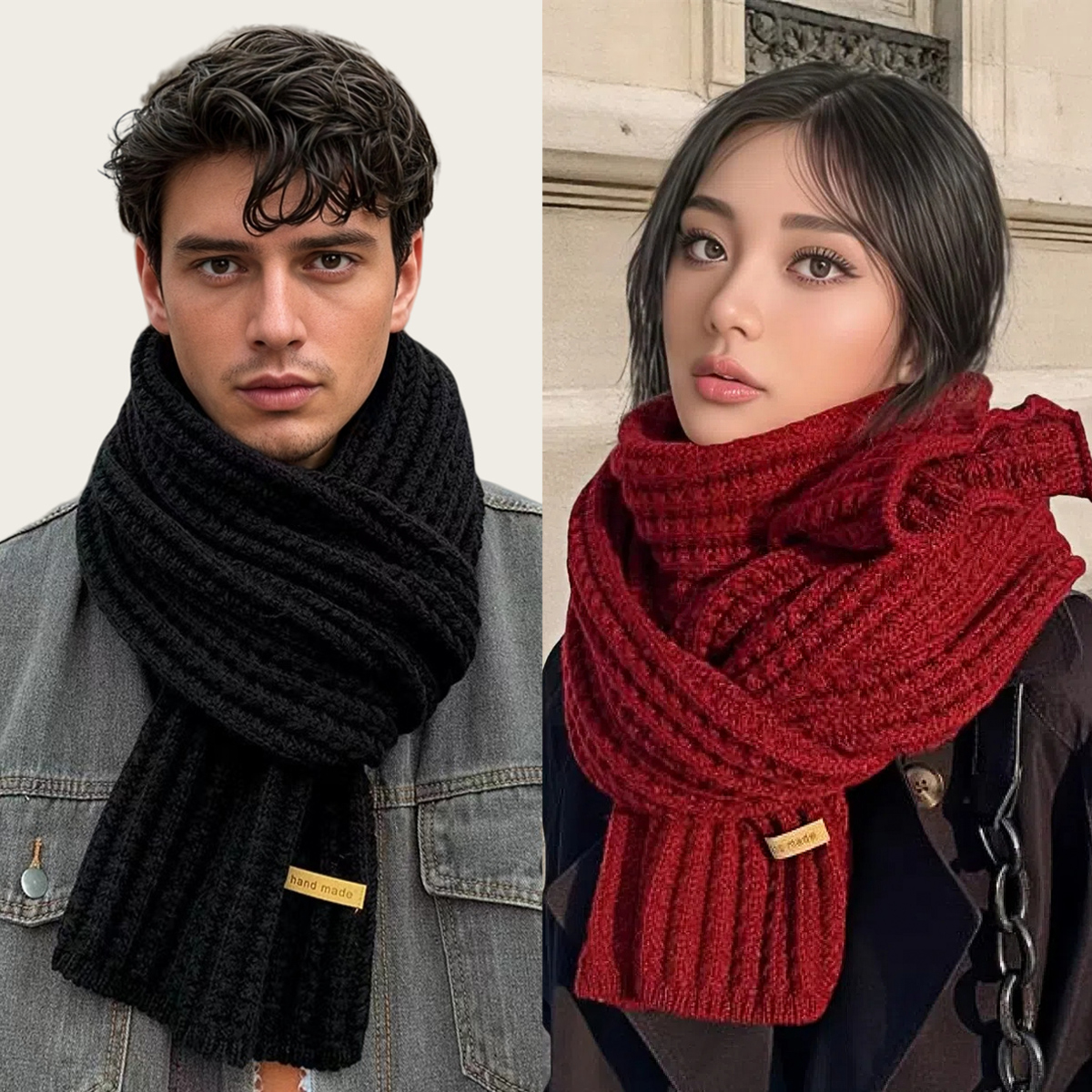 Écharpe en tricot épaisse et chaude pour hommes et femmes, en laine douce et cachemire uni, pour l'hiver et l'automne, simple et élégante, noire, pour étudiants.