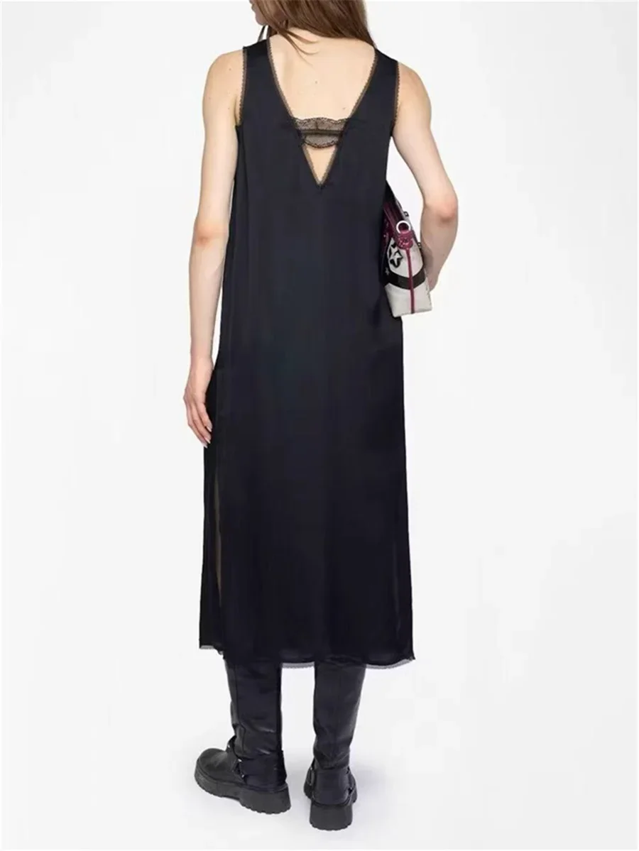 Robe mi-longue en Satin et dentelle pour femmes, 100% Viscose, épissé, col en v, dos nu, fente latérale, pour femmes