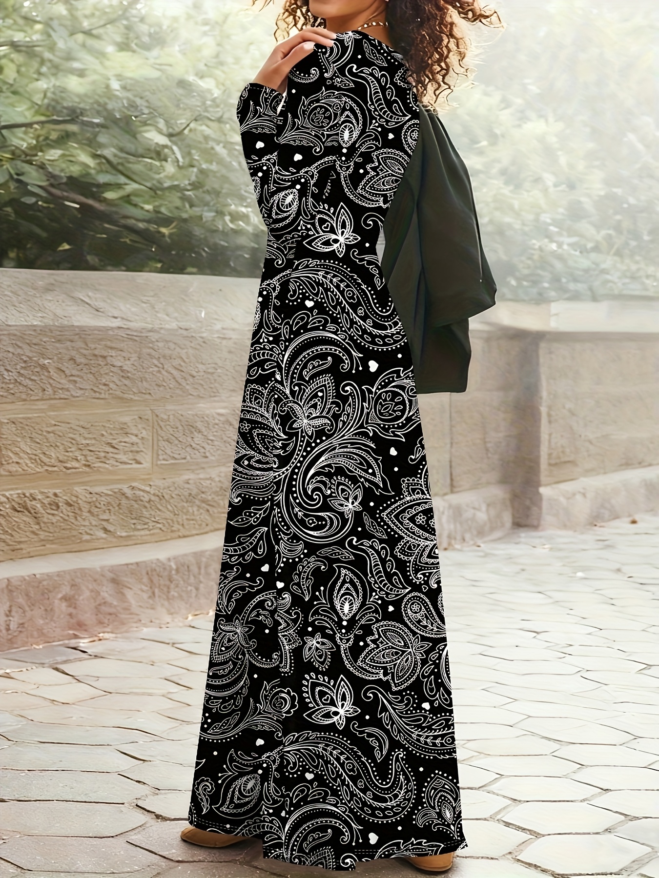 Robe décontractée à manches longues pour femme, imprimé tropical, taille cintrée, coupe trapèze, longueur midi, tenue de vacances, mode estivale, noir et