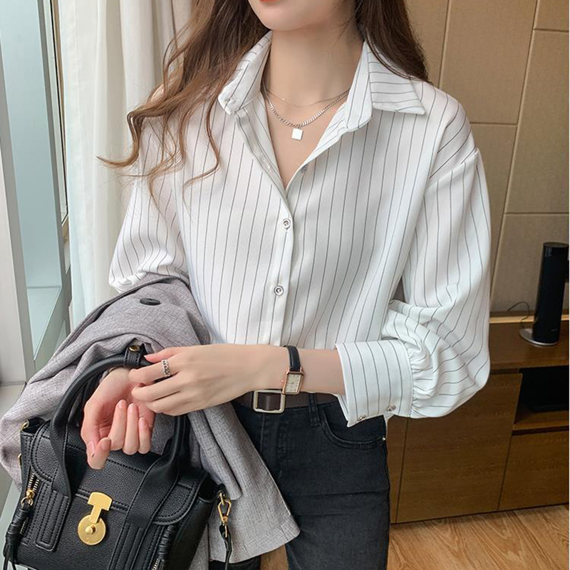 Chemise rayée pour femmes, Vintage, Chic, ample, manches longues, haut Y2K, bureau, mode dames, décontracté, col rabattu, chemisier assorti avec tout, été