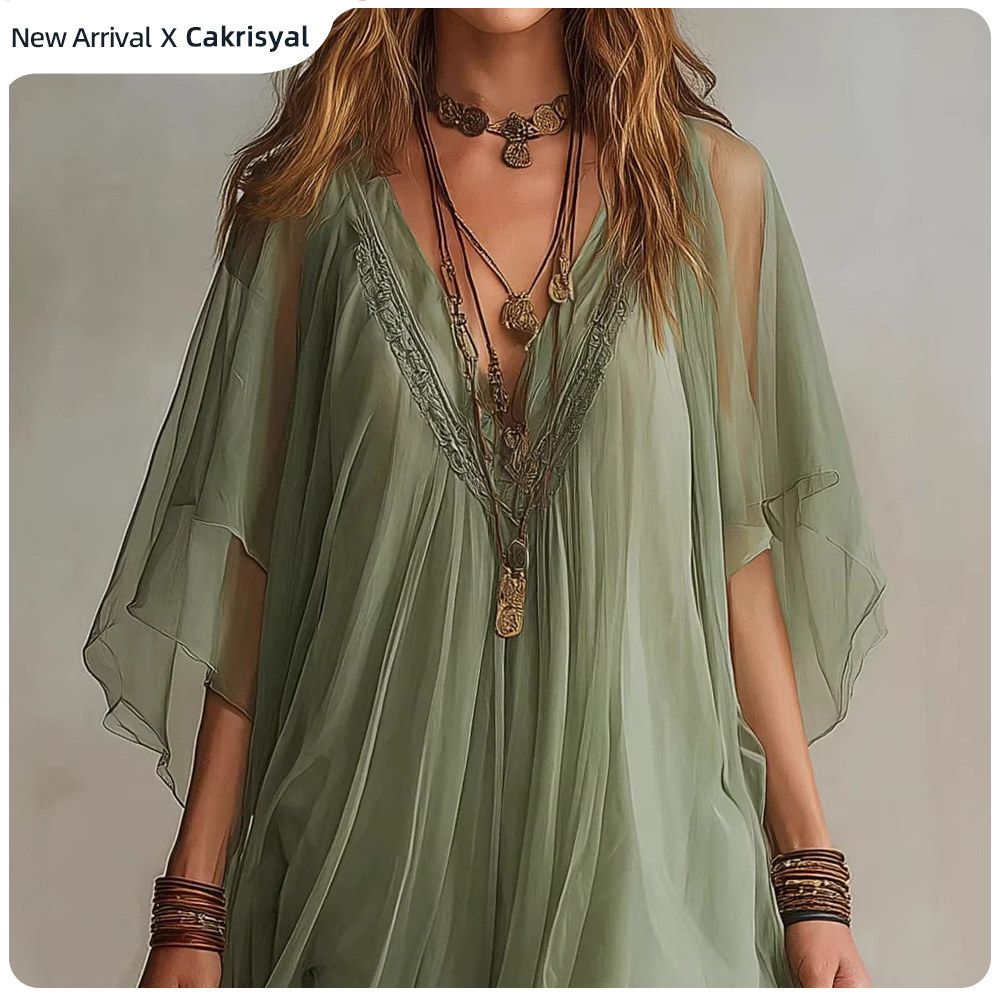 Robe courte décontractée pour femme, style bohème, en mousseline, à manches mi-longues, col en V, ourlet irrégulier, superposée, idéale pour la plage ou les vacances