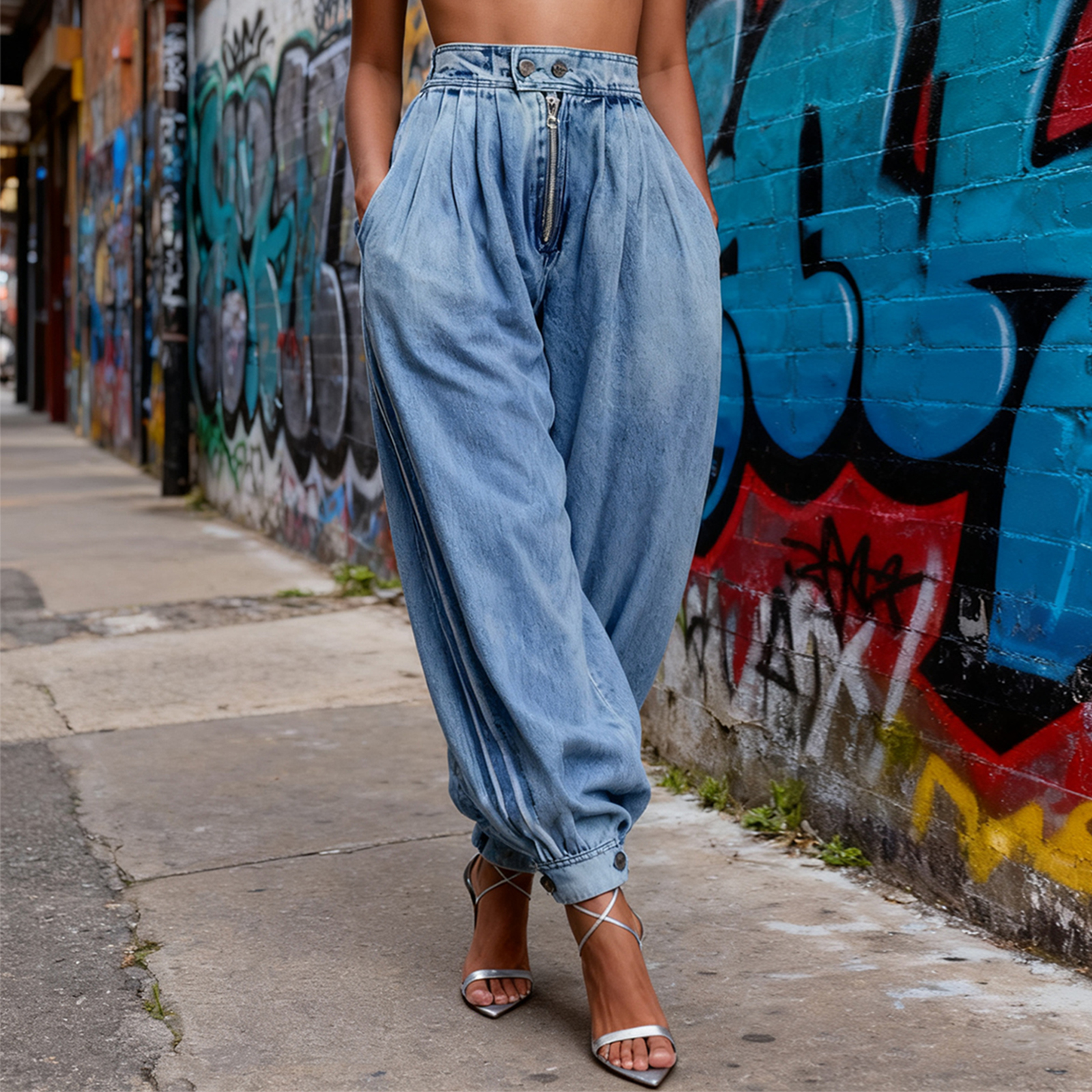 Pantalon sarouel en Denim pour femmes, décontracté, taille haute, jambes larges, Baggy, couleur unie, avec poches
