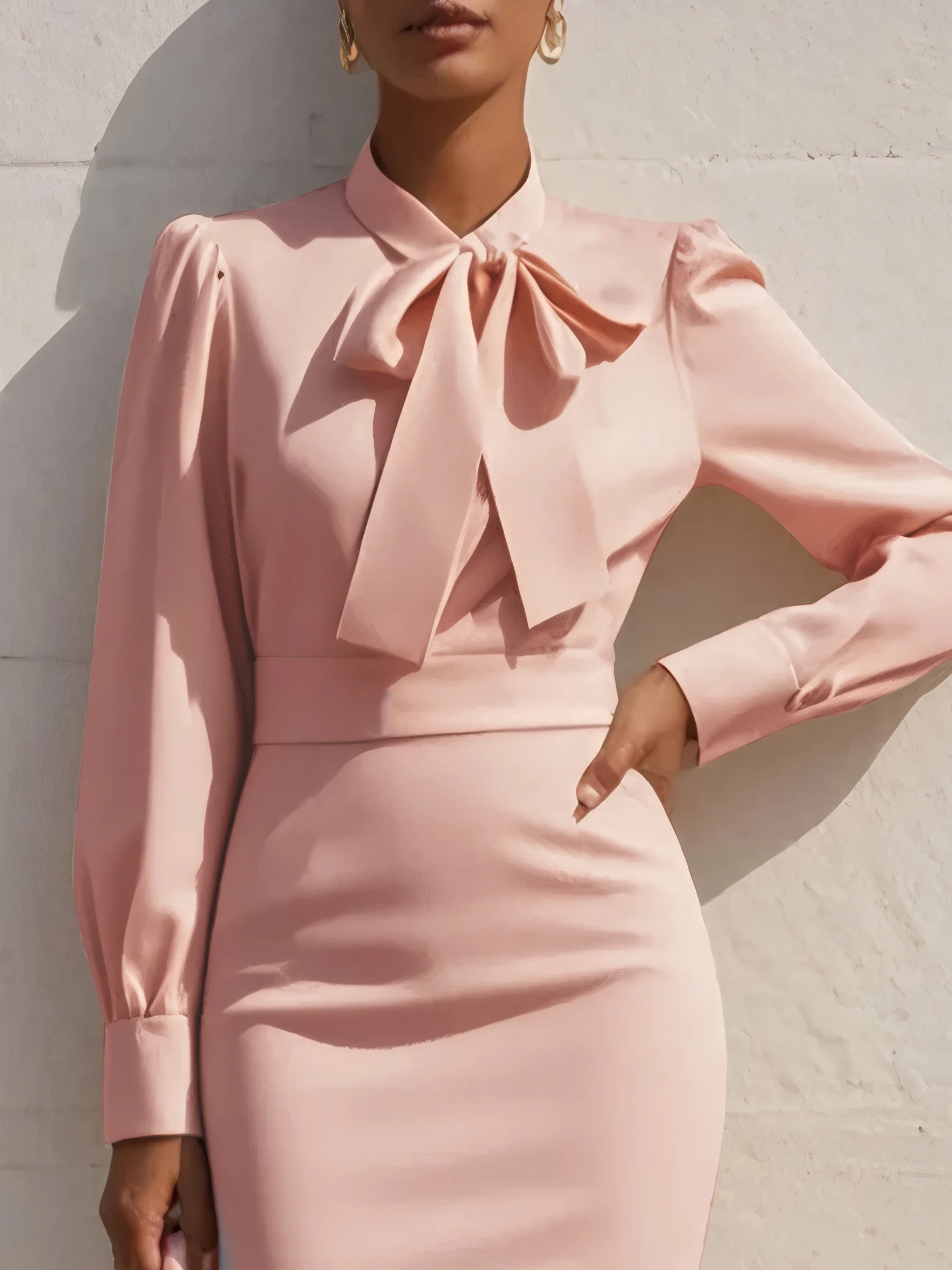 Robe fourreau midi moulante élégante pour femme, à manches longues, col à nœud, manches bouffantes et taille haute, idéale pour le bureau et le travail