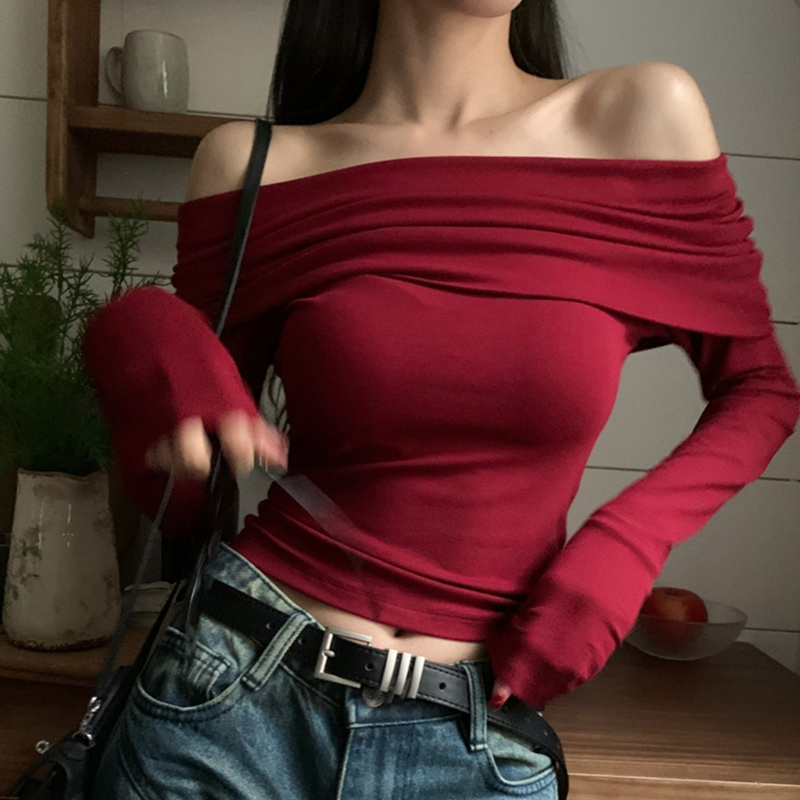 T-shirt noir à manches longues et épaules dénudées pour femme, haut court, couleur unie, élégant, épicé, Slim Fit, rouge, nouvelle collection automne/hiver