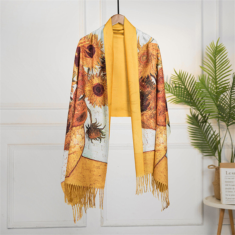 Écharpe en Cachemire de Van Gogh pour Femme, Peinture à l'Huile, Vase à Tournesol, Pashmina à Pampilles, Couverture, Châles Enveloppants, Design de Mode, Foulard, Hiver, 2022