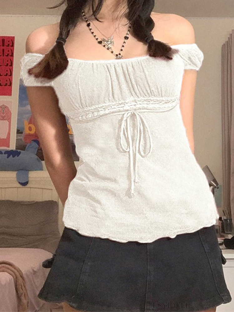 T-shirt en dentelle pour femmes, épaules dénudées, avec cordon de serrage, mode coréenne, fée Grunge, Streetwear, années 2000