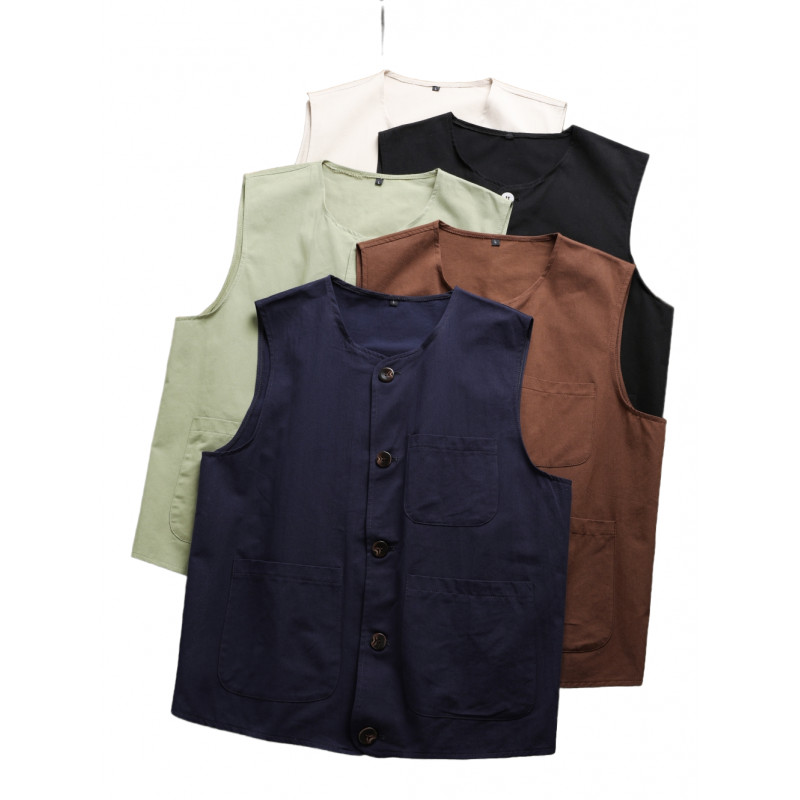 Gilet décontracté japonais pour hommes, Style de vêtements de travail rétro, détail de poche 100% coton, coupe ample pour les travaux en plein air et au café