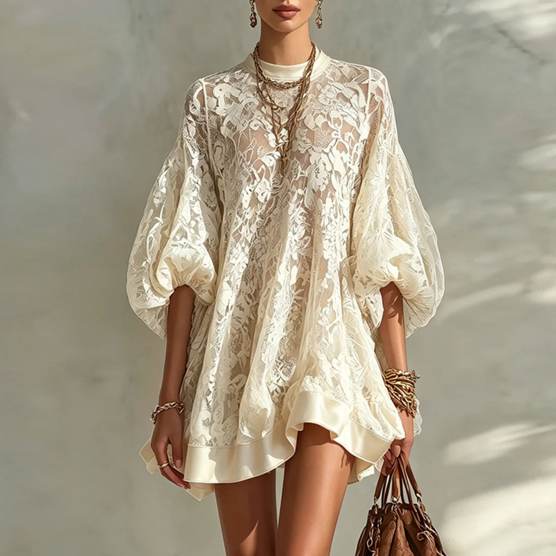 Robe courte ample en dentelle florale bohème pour femmes, col rond, manches bouffantes, bordure unie, ourlet à volants, robe transparente, sexy, pour la plage, les vacances quotidiennes.