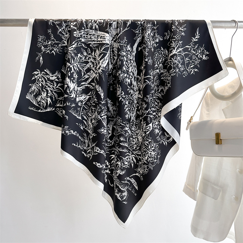 Foulard Carré à Imprimé Floral pour Femme, 90x90cm, Écharpe Design de Marque de Luxe, Motif Floral, Oiseau sur Arbre, Mouchoir, Bandana, 2024