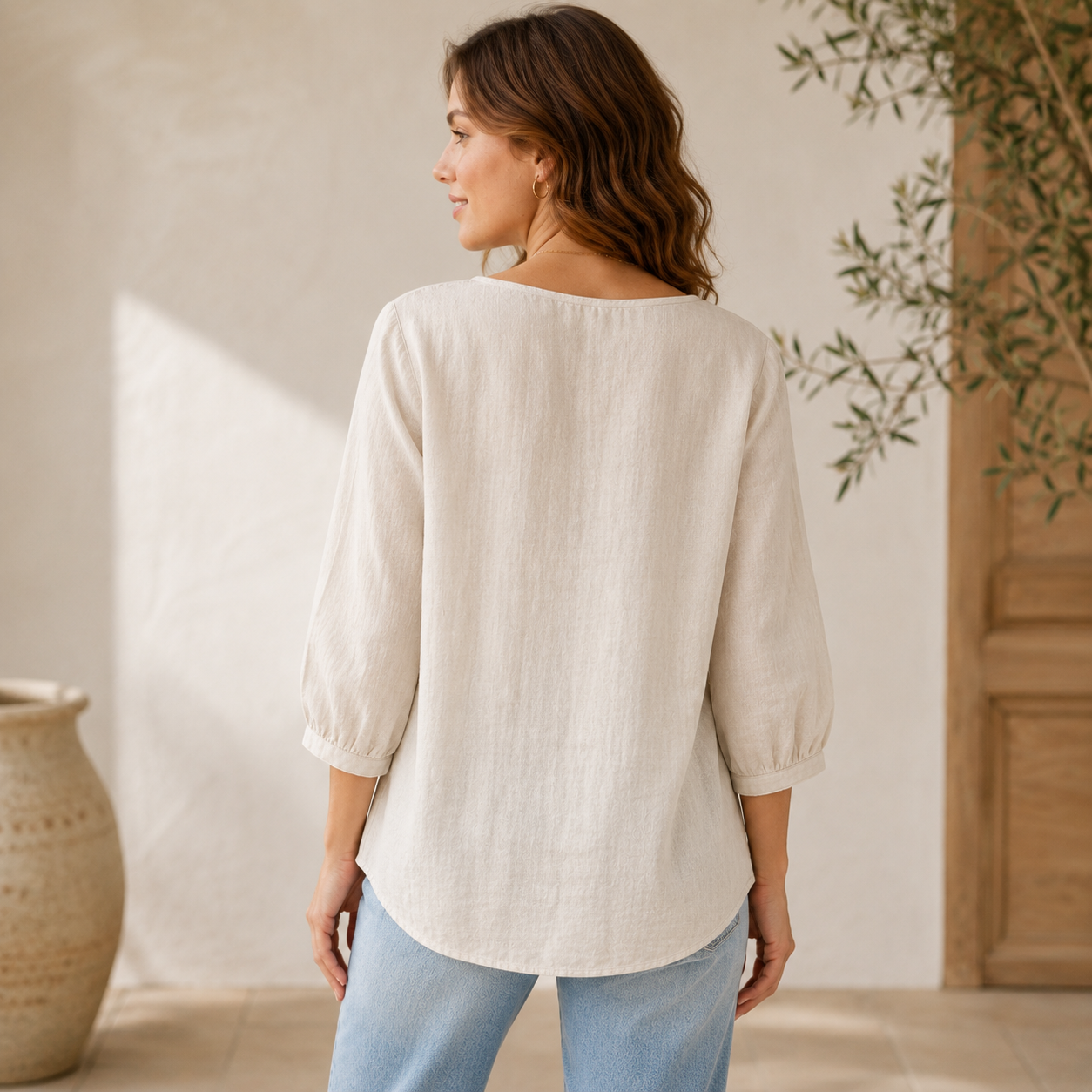 Chemisier Bohème Brodé pour Femme, Manches 3/4, Col en V Fendu, Tunique Florale Décontractée Ample, Chemise d'Été