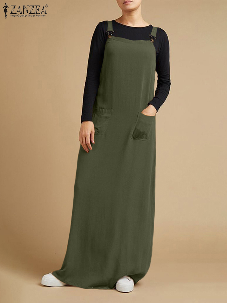 Femmes automne Robe d'été ZANZEA 2025 caftan bretelles Robe élégante solide salopette robes femme col carré boucle Maxi Robe