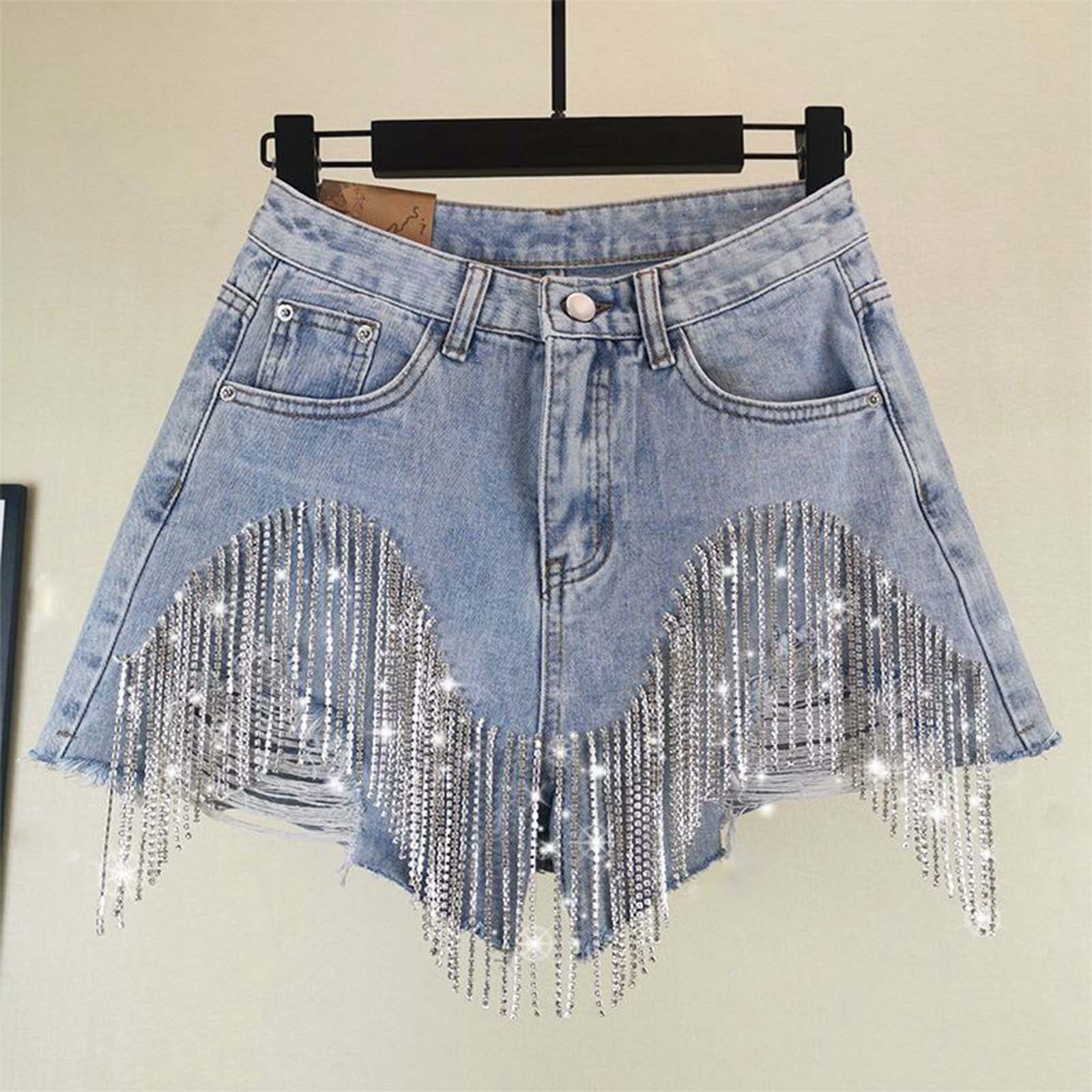 Mode femme décontracté jean court taille haute diamant ensemble lourd gland Shorts chaîne une ligne jambe large pantalons chauds Denim Shorts