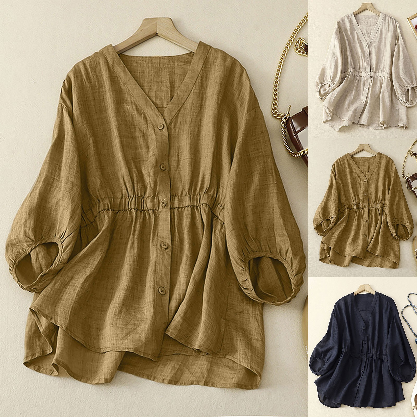 Chemise surdimensionnée en coton et lin pour femmes, chemisiers de style coréen, chemises monochromes, col en V décontracté, bouton, été, 2025