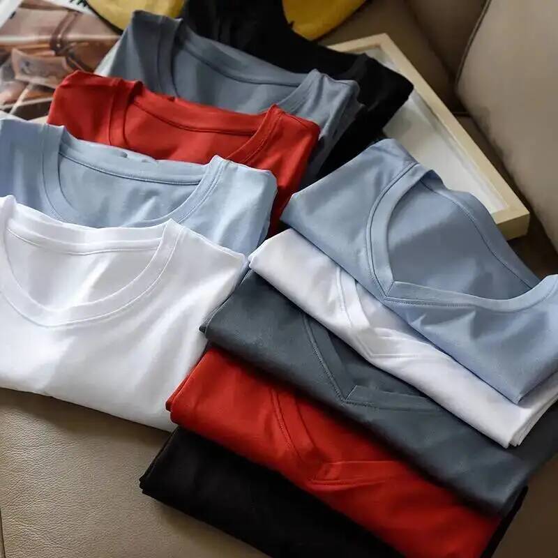 T-shirt à manches longues en coton et soie de mûrier pour femmes, 6% de soie, col rond, col en V, lisse, basique, ample