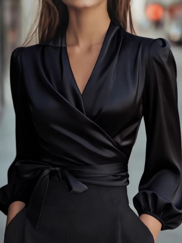 Élégant solide chemise pour les femmes mode à manches longues col en V à lacets pull dessus de chemise dame décontracté vacances bureau vêtements printemps