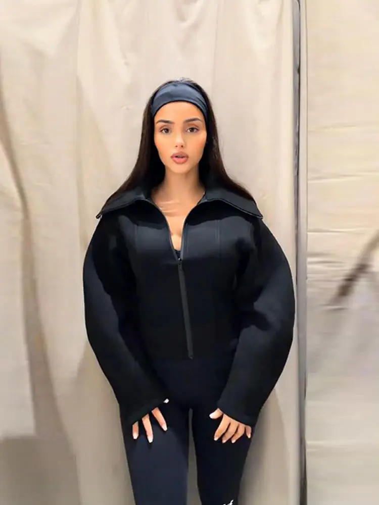 Veste pour femme, manteau cintré à la taille, col rabattu, fermeture éclair unie, vêtement d'extérieur décontracté pour femme, veste en caoutchouc chloroprène pour femme