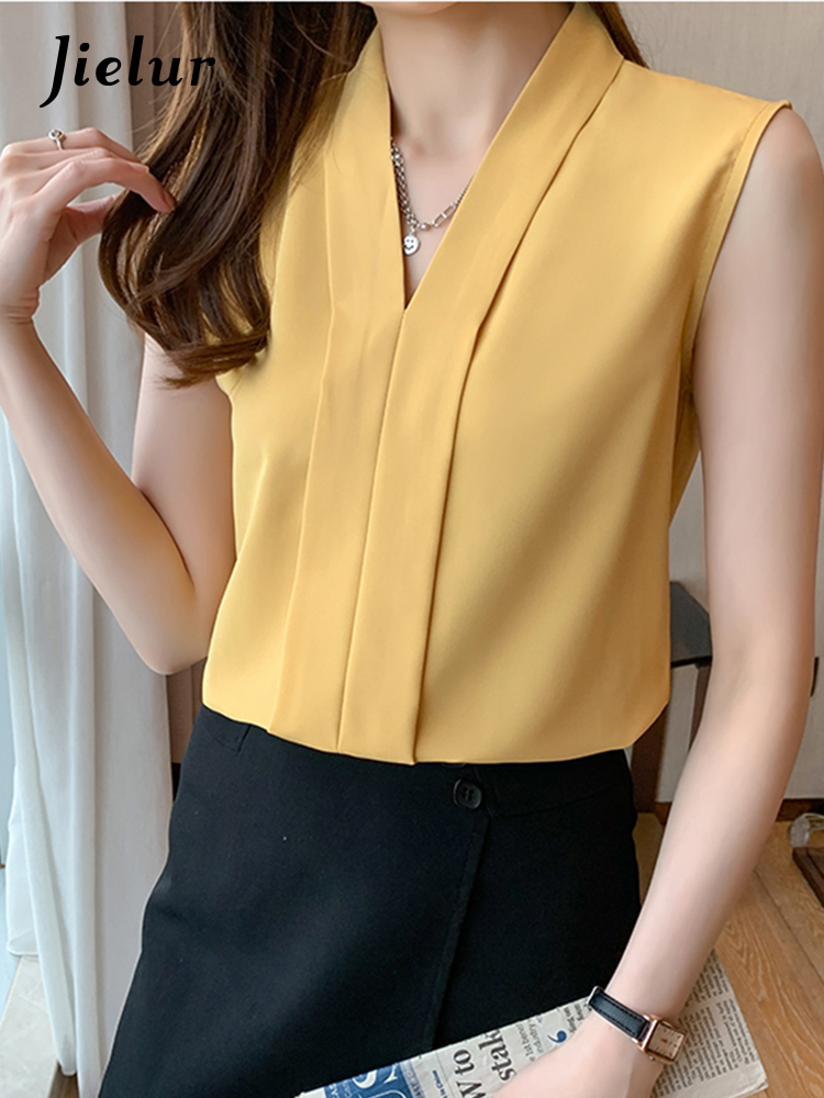 Jielur – chemisier en mousseline de soie pour femme, haut sans manches, col en v, blanc, élégant, couleur unie, bureau, Chic, été