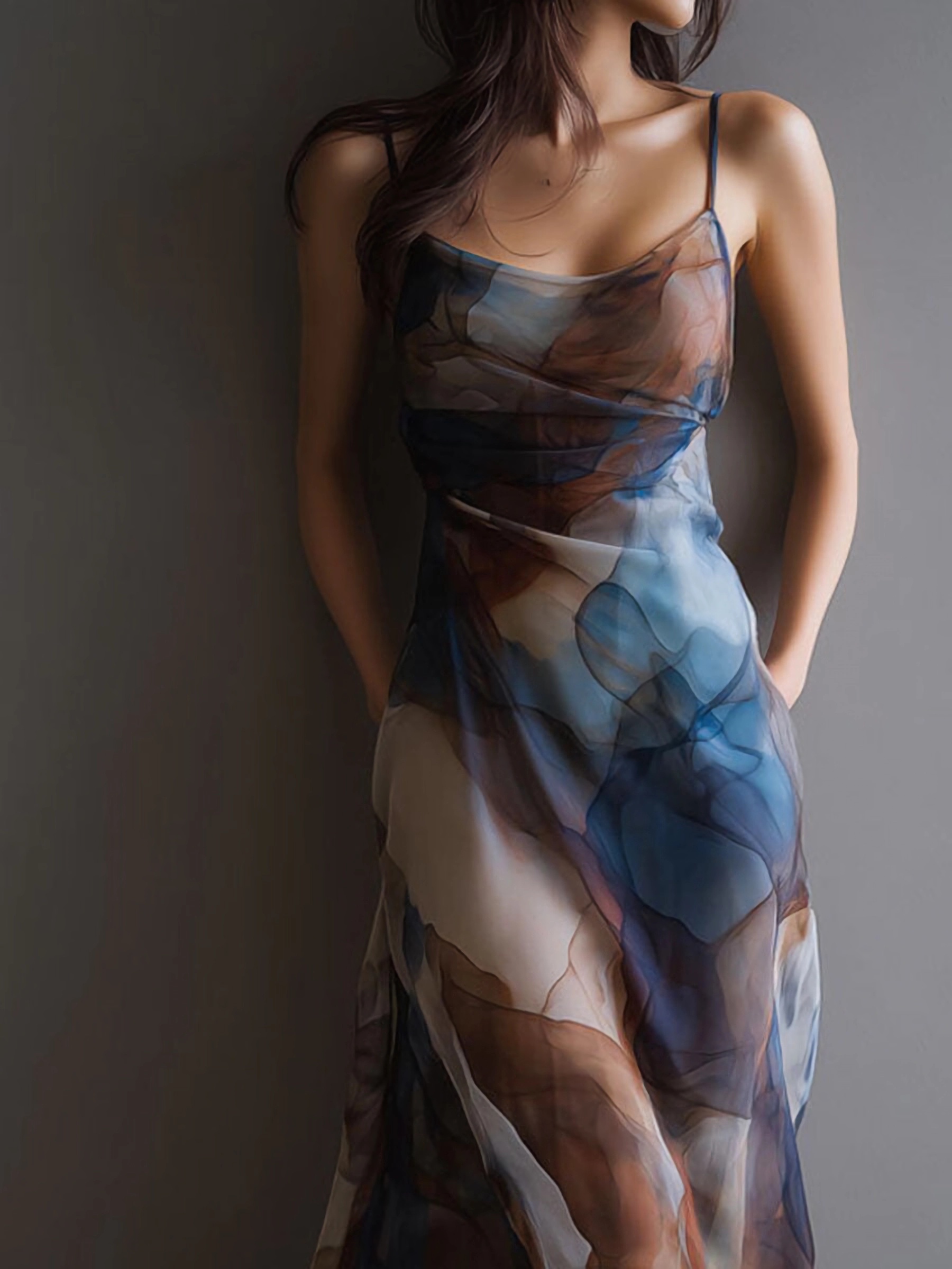 Robe longue décontractée et élégante en mousseline pour femme, sans manches, dos nu, imprimé abstrait aquarelle, idéale pour le quotidien, les fêtes et les vacances