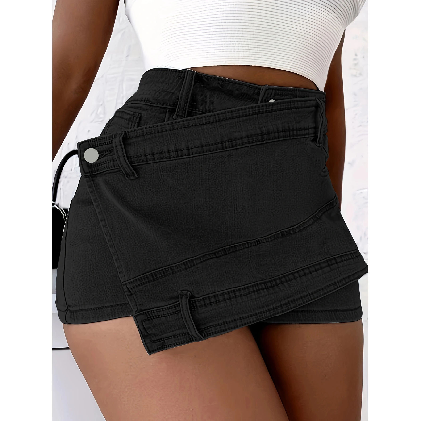 Jupe-short en jean délavé vintage pour femme, taille haute, design asymétrique, mini-jupe avec short intégré pour tenues quotidiennes