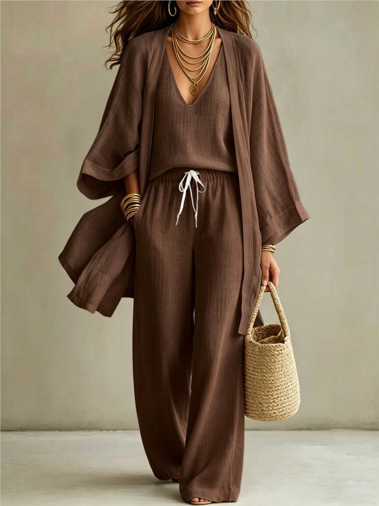 Ensemble trois pièces pour femmes, été, nouveau, couleur unie, décontracté, coton et lin, cardigan à manches trois-quarts, gilet sans manches, pantalon long