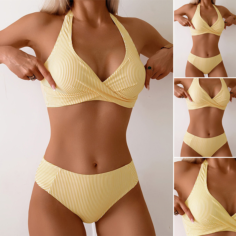 Haut de bikini rayé sexy pour femme avec bretelles à nouer, maillot de bain tendance en polyester pour adultes