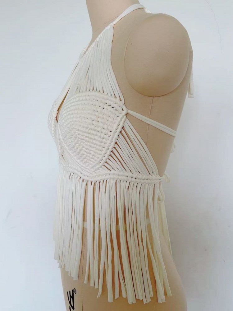 Débardeur court bohème pour femme, dos nu, à nouer autour du cou, avec broderie et pompons, style suspender