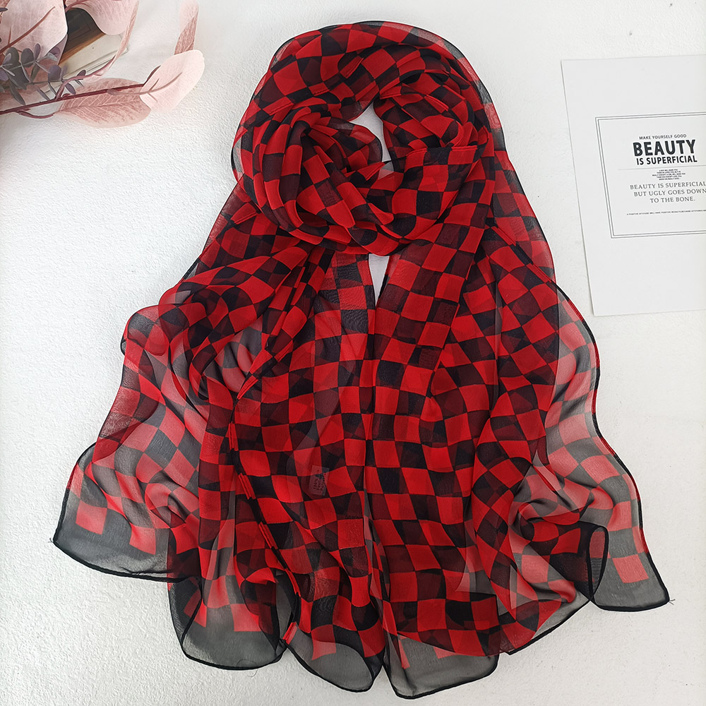 Foulard à carreaux pour femmes, élégant, en mousseline de soie, Georgette, Bandana, été, plage, voyage, Protection solaire, Hijab fin