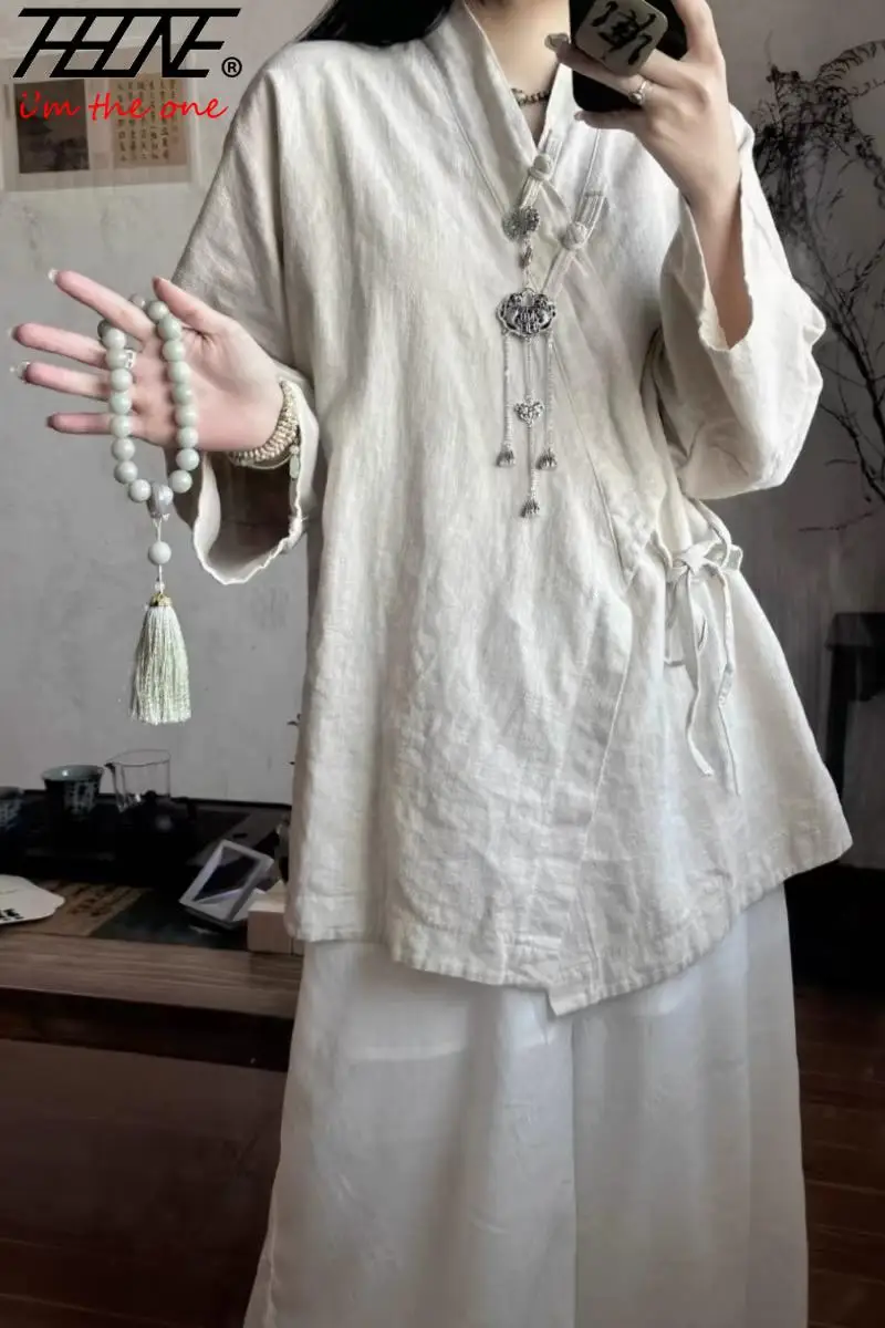 Chemisier à lacets vintage pour femmes, manches longues, chemises coréennes pour femmes, coton, lin, solide, décontracté, mode automne, 2024