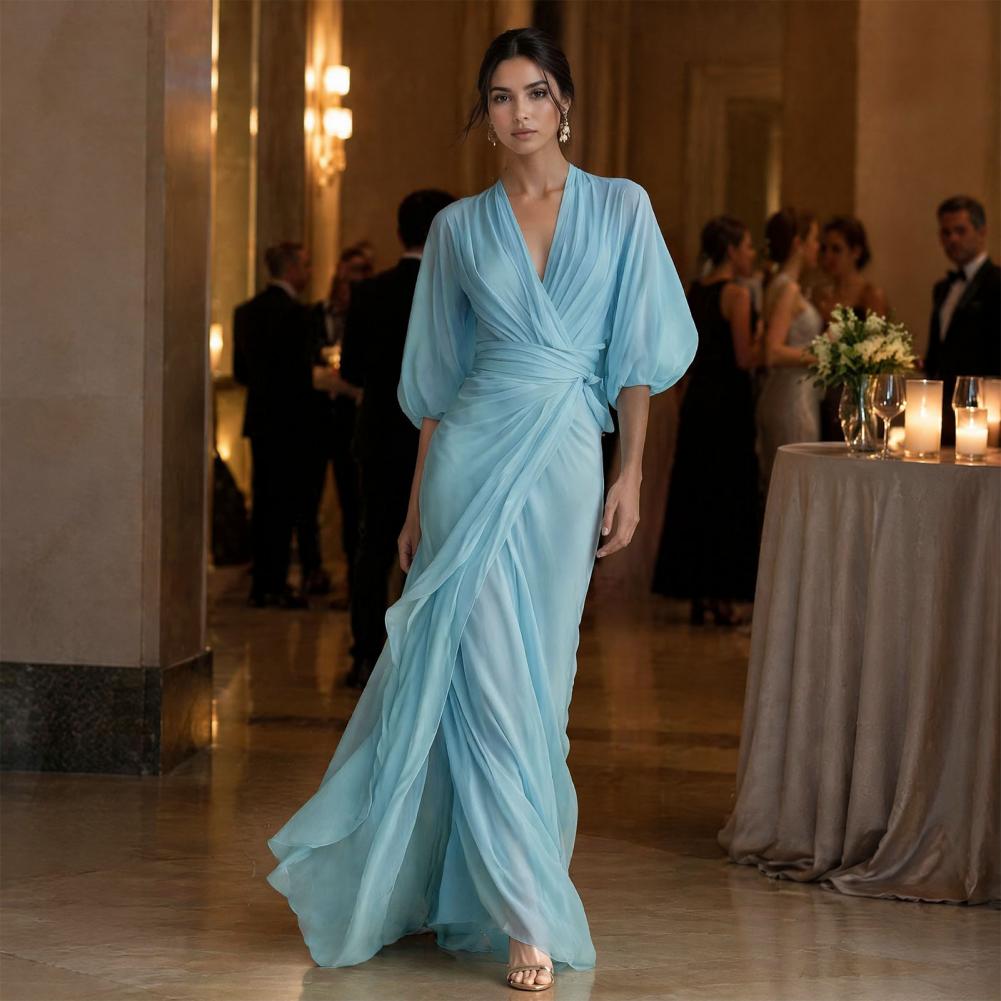 Robe de bureau pour femme, col en V, longue, été automne, taille nouée, coupe trapèze, demi-manches, décontractée, maxi