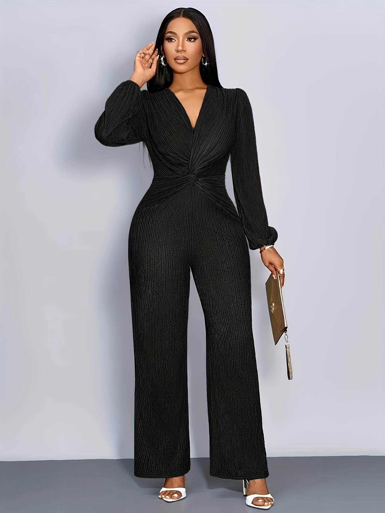 Combinaison en maille côtelée pour femme, col en V profond, taille torsadée, manches longues bouffantes, pantalon large taille haute, élégante pour soirée, fête ou tenue décontractée
