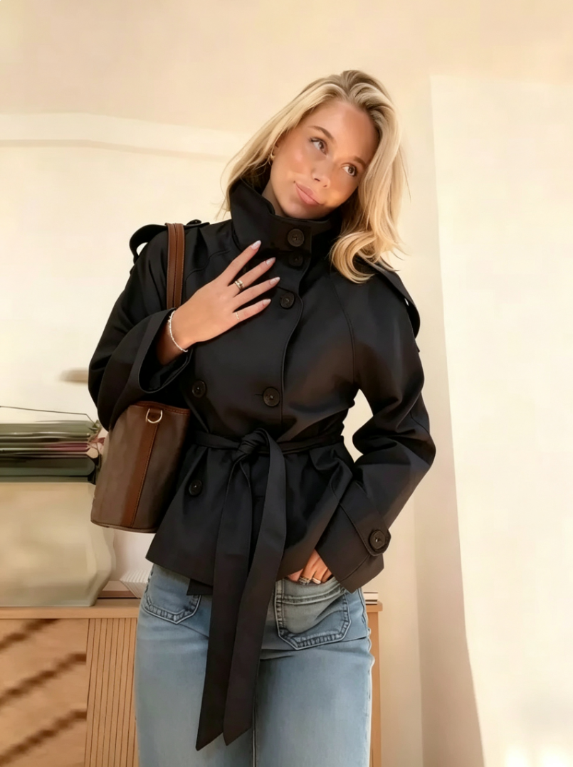 Manteau pour femmes, veste à double boutonnage, ceinturé, court, col montant, manches longues, décontracté, nouvelle arrivée, vêtement d'extérieur pour dames.