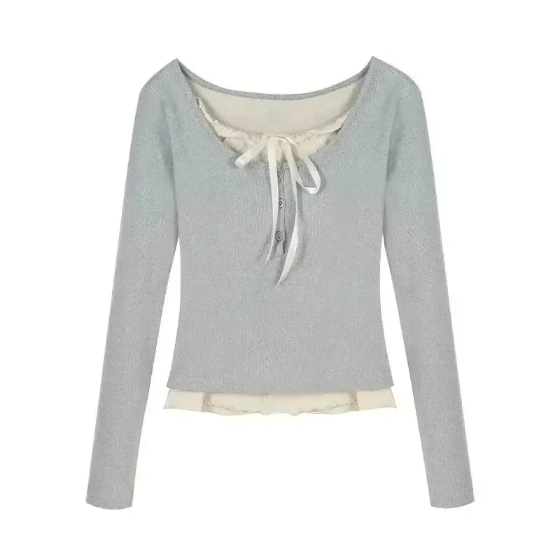 Haut court Y2K Kawaii d'été 2026 pour femme, chemisier décontracté moulant à manches longues, pull uni style coréen, idéal pour le bureau
