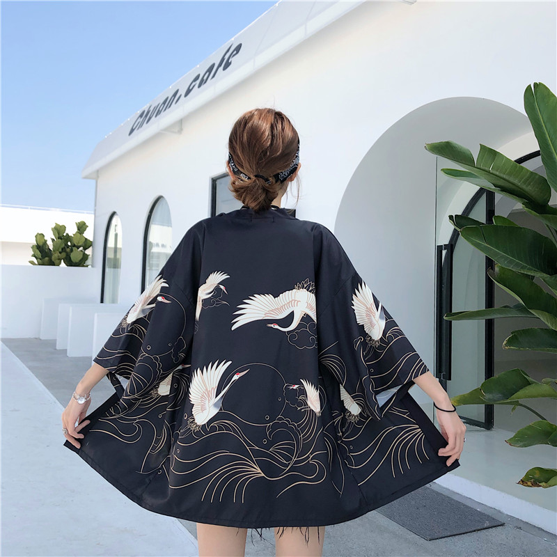 Cardigan Kimono Haori imprimé grue amélioré artistique rétro japonais, décontracté, ample, polyvalent, Protection solaire, veste fine, printemps et été