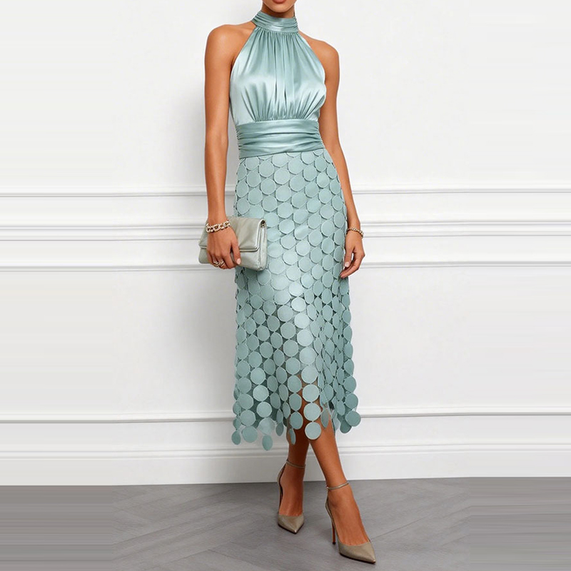 Robe longue décontractée pour femme, style patchwork, avec taille froncée, col rond, sans manches, en satin, élégante, pour banquet