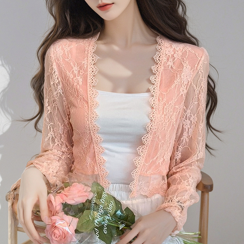 Châle en mousseline de soie pour femme, manches mi-longues, dentelle ajourée, broderie florale, vêtements de bain empêchés, capes ultra-fines, été 2025