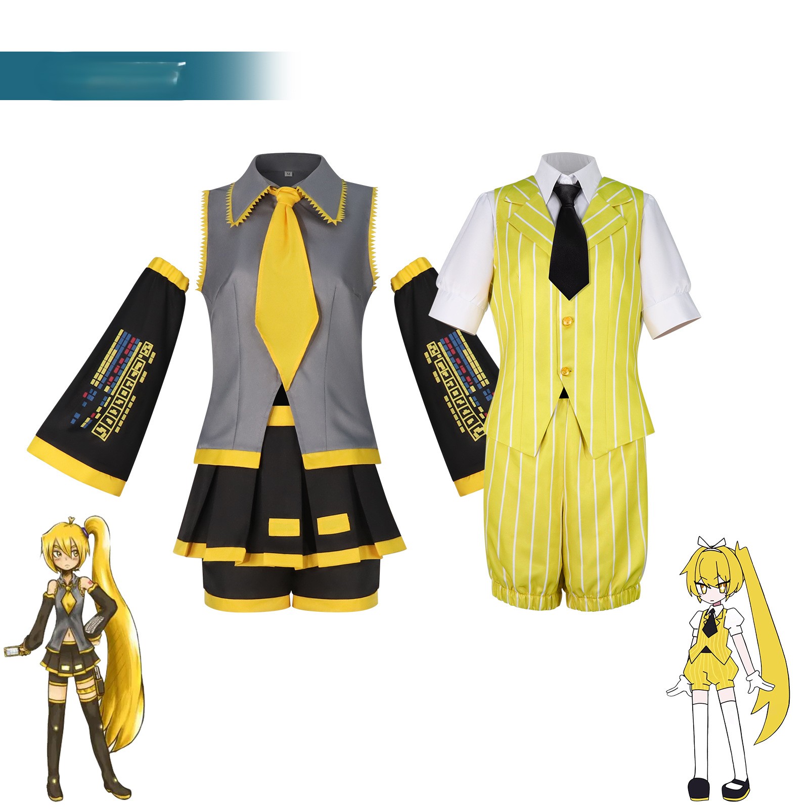 2 styles de tenues de cosplay anime pour femmes, jupe grise, short rayé jaune, manches imprimées, perruque blonde en option, tenue de cosplay d'Halloween