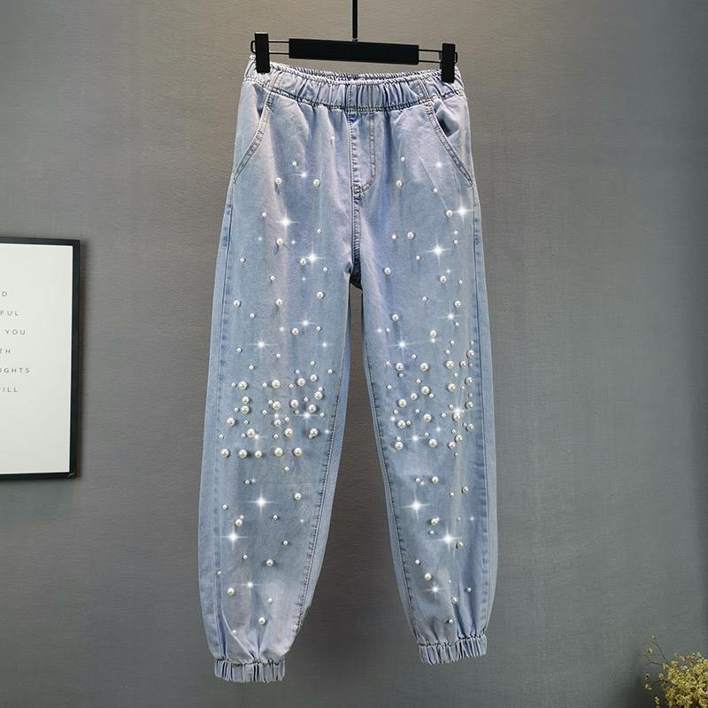 Pantalon en jean tendance pour femme 2026, coupe ample, taille élastique, style harem perlé, type jogger